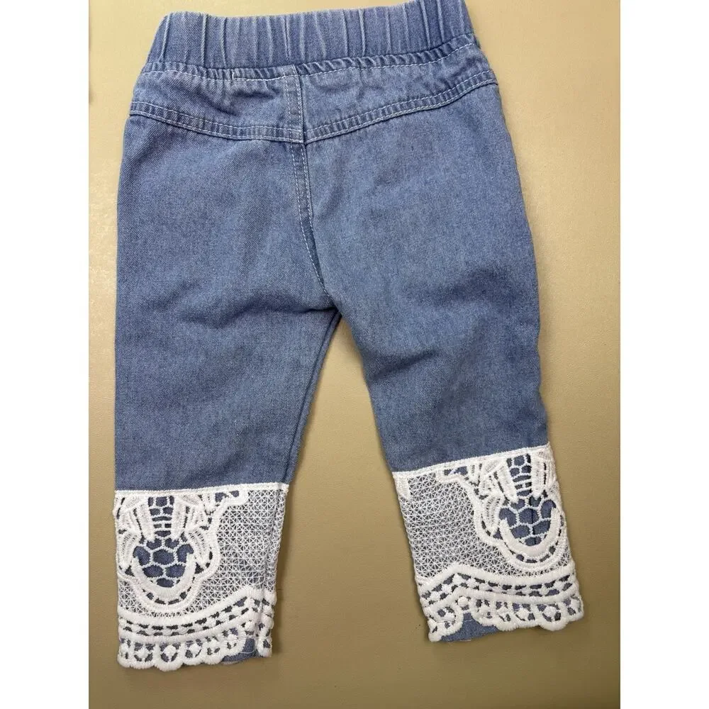 Baby Girl Lace Bodysuit Jeans Outfit Set Size 70 Distressed Denim EUC